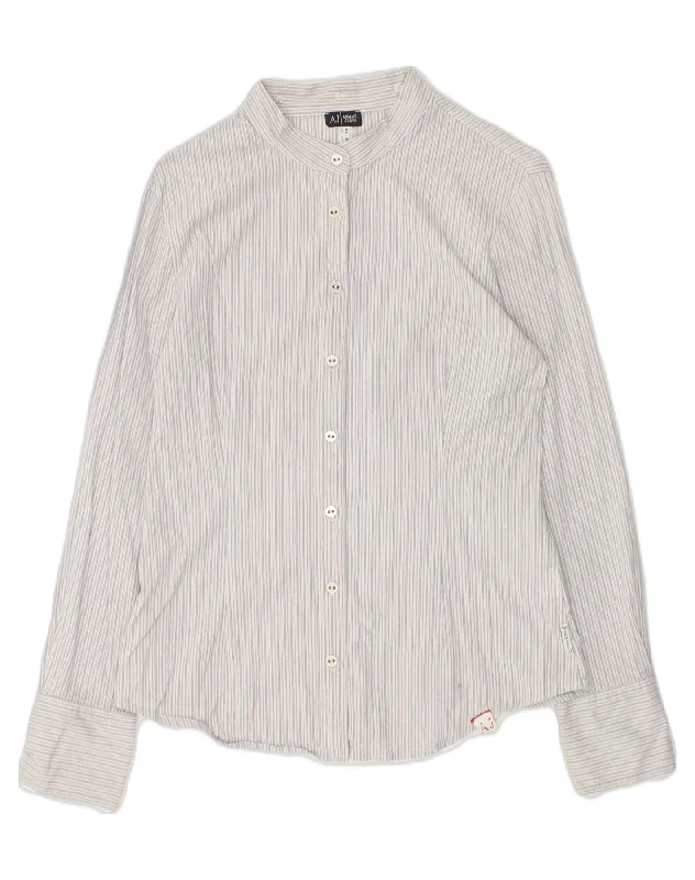 ARMANI JEANS Womens Shirt IT 44 Medium Grey Pinstripe Cotton Fashionable Pleated Short Shirt