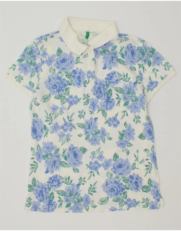 BENETTON Womens Polo Shirt UK 12 Medium White Floral Elegant Lace-Trimmed Short Shirt