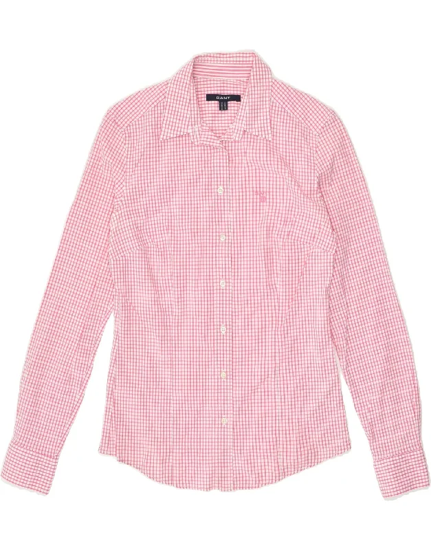 GANT Womens Shirt UK 12 Medium  Pink Check Cotton Casual Ruffle Short Shirt