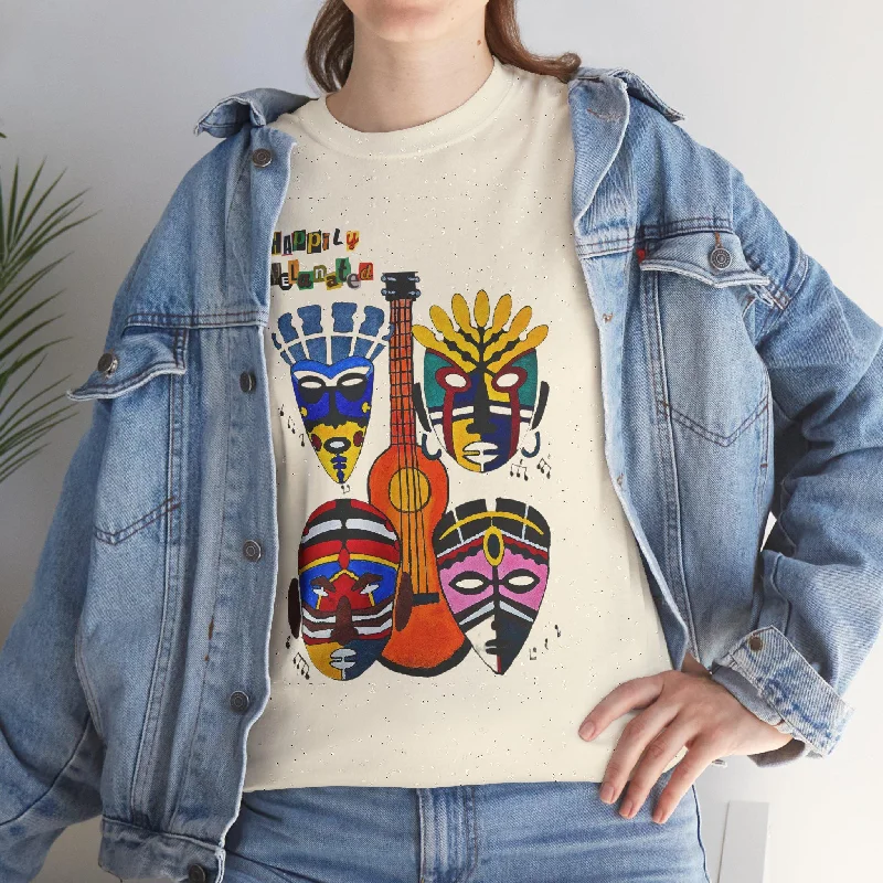 Guitar Art Tribal Masks Unisex Tee, Music Lover Graphic Shirt, Unique Handcrafted Tee Classic Basic Short Shirt