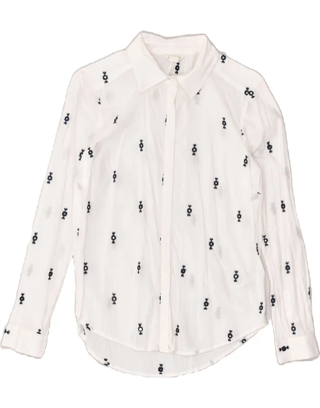 MONSOON Womens Shirt UK 8 Small White Floral Cotton Stylish Round Neck Shirt