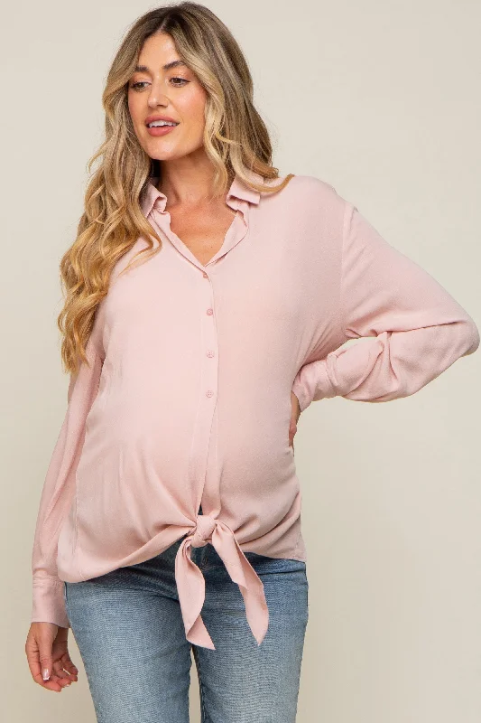 Pink Collared Button Down Knotted Maternity Shirt Fashionable Button-Front Short Sleeve