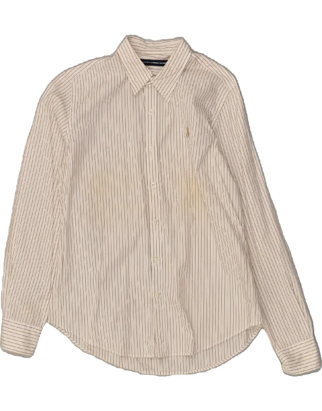 RALPH LAUREN Womens Shirt US 12 Large Beige Pinstripe Cotton Stylish Printed Short Shirt