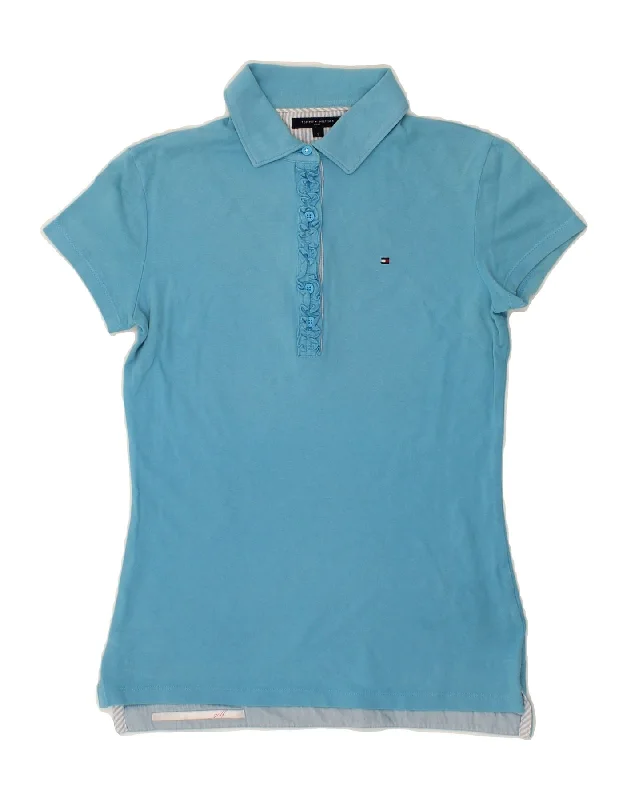 TOMMY HILFIGER Womens Polo Shirt UK 10 Small Blue Cotton Chic Embellished Short Sleeve