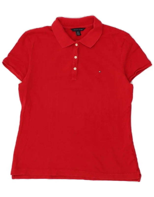 TOMMY HILFIGER Womens Polo Shirt UK 14 Large Red Cotton Comfortable Graphic Short Sleeve