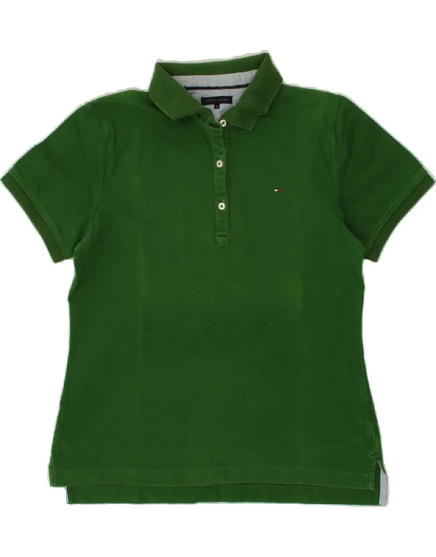 TOMMY HILFIGER Womens Polo Shirt UK 14 Medium Green Cotton Chic Embellished Short Sleeve