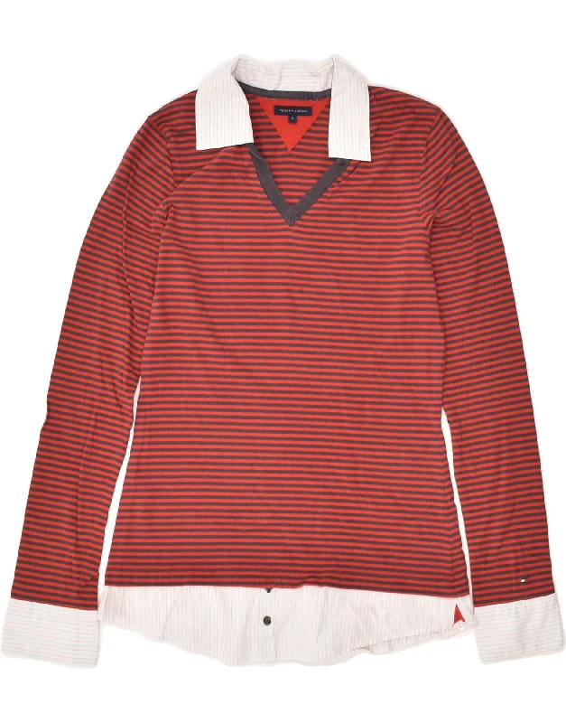 TOMMY HILFIGER Womens Shirt Blouse UK 10 Small Red Striped Cotton Classic Cropped Short Sleeve