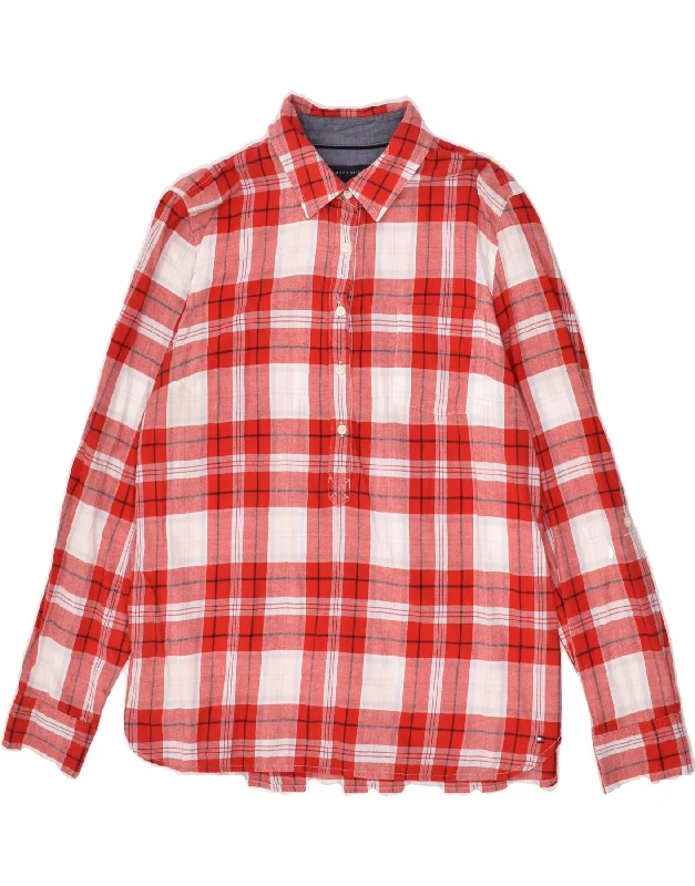 TOMMY HILFIGER Womens Shirt UK 16 Large Red Check Cotton Comfortable Ribbed Short Sleeve