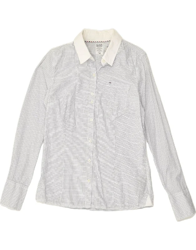 TOMMY HILFIGER Womens Shirt UK 16 Large White Check Cotton Stylish Split-Hem Short Shirt