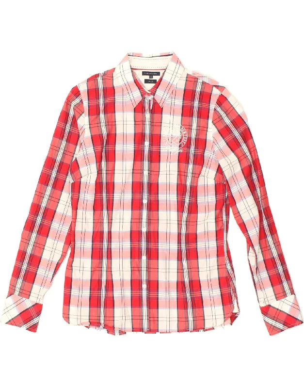 TOMMY HILFIGER Womens Shirt US 10 Large Red Check Cotton Cozy Plain Short Sleeve