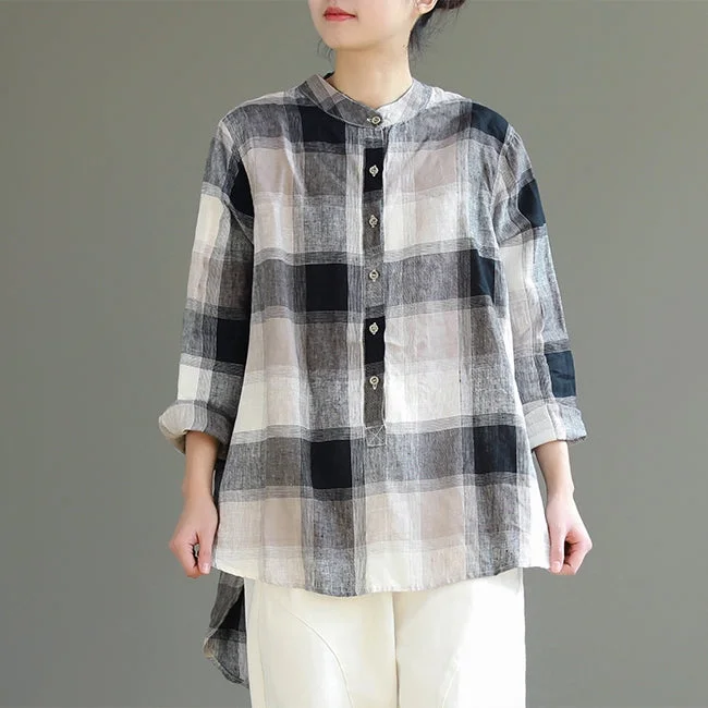 Vintage Loose Cotton Linen Plaid Shirt Women Spring Tops S25024 Stylish Split-Hem Short Shirt