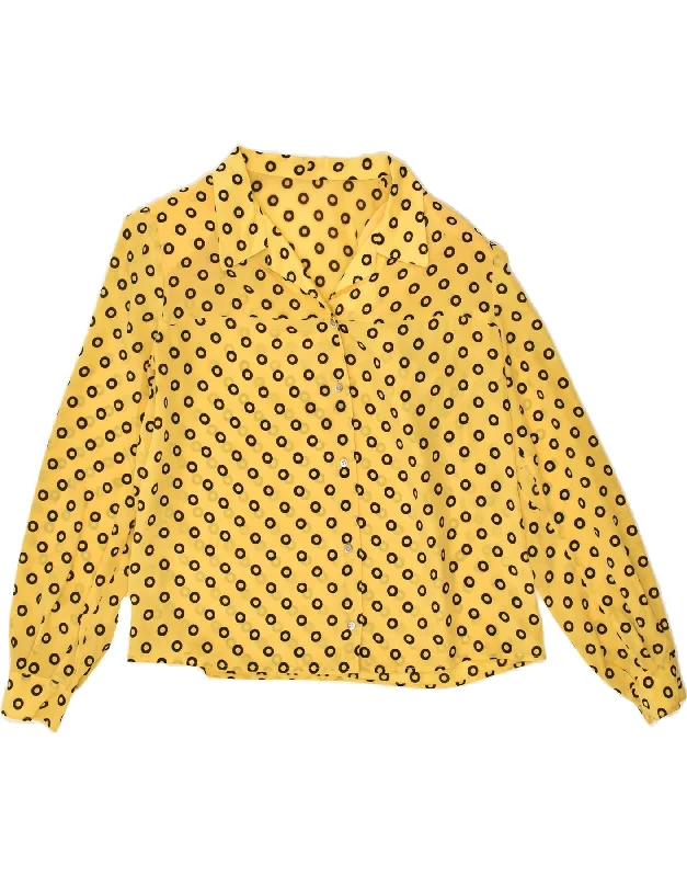 VINTAGE Womens Shirt Blouse UK 16 Large Yellow Spotted Elegant High-Low Short Shirt