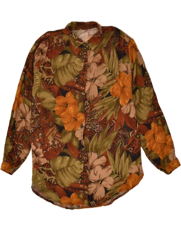 VINTAGE Womens Shirt UK 20 2XL Brown Floral Elegant Longline Short Shirt