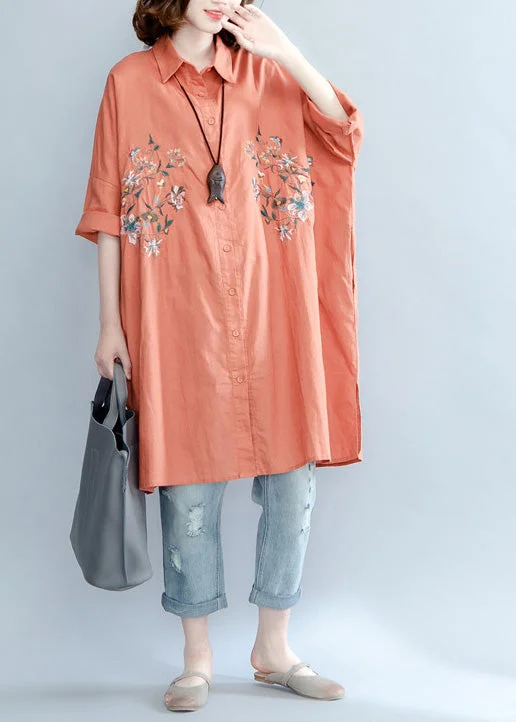 Women orange red linen crane tops Plus Size Tutorials lapel embroidery Summer shirt Cozy Loose Fit Short Sleeve