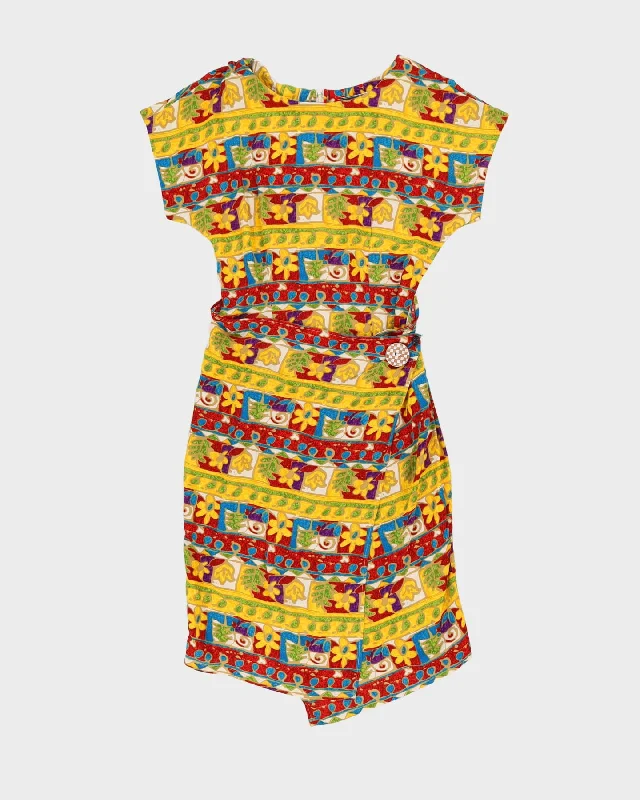 00s Yellow Patterned Midi Dress - XS Fashionable High-Neck Midi Dress