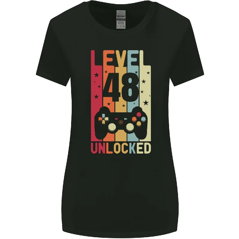 48th Birthday 48 Year Old Level Up Gaming Womens Wider Cut T-Shirt Satin Fabric Silk Fabric Chiffon Fabric