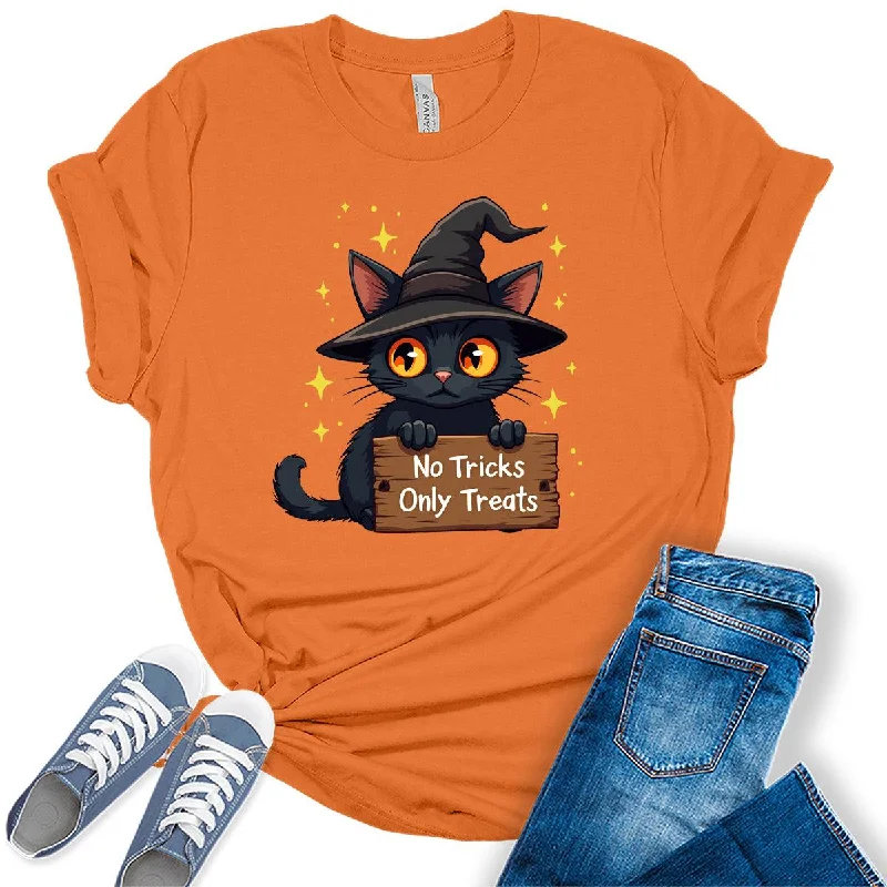 No Tricks Only Treats Halloween Cat Women's Graphic Tee Fleece Fabric Down Fabric Feather Fabric