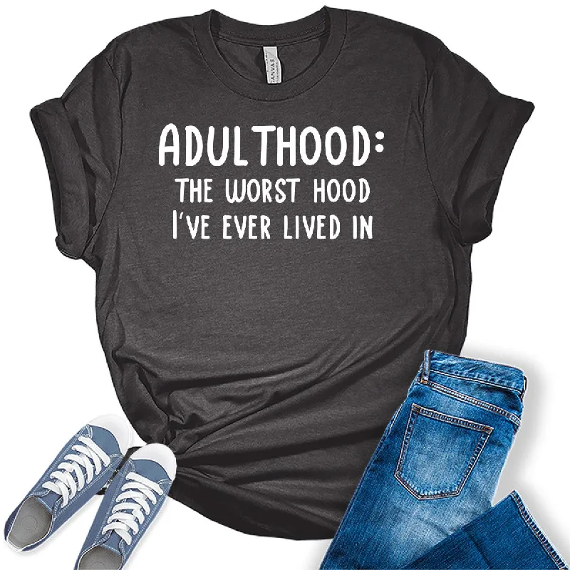 Adulthood Sarcastic Humor Graphic Tees For Women Ribbed Striped Patterned