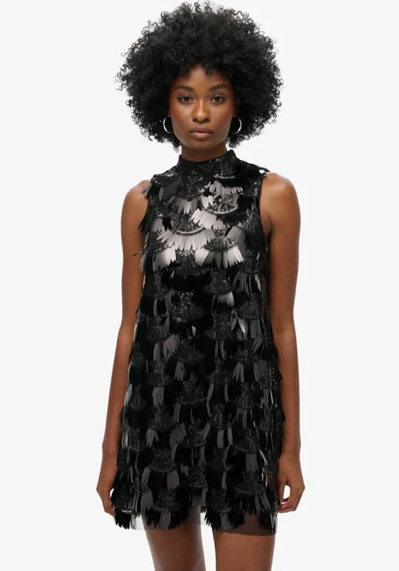 Superdry A-line Fringed Sequin Mini Dress, Black Fashionable Lace-Trim Mini Dress