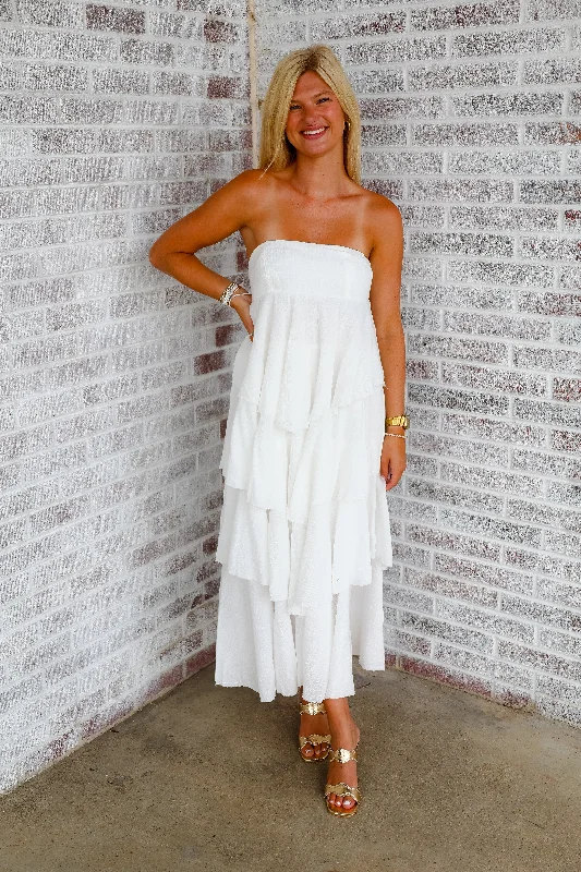 Another Round Please Tiered Ruffle Tube Midi Dress Chic Off-Shoulder Midi Dress