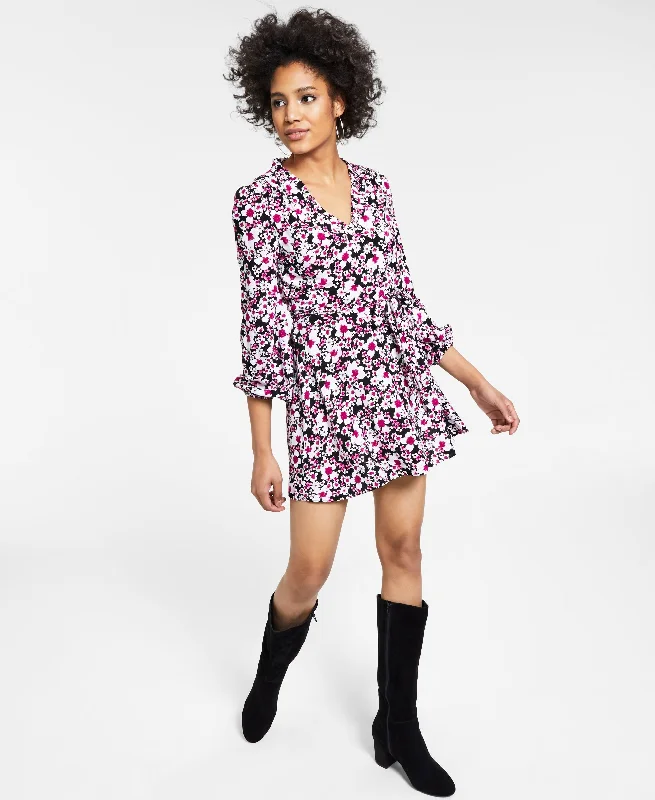 Bar III Floral Print Mini Dress Cozy Cowl Neck Mini Dress