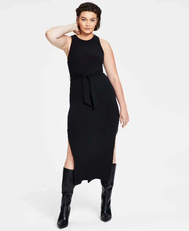 Petite Rib-Knit Midi Dress Elegant Puff Sleeve Midi Dress