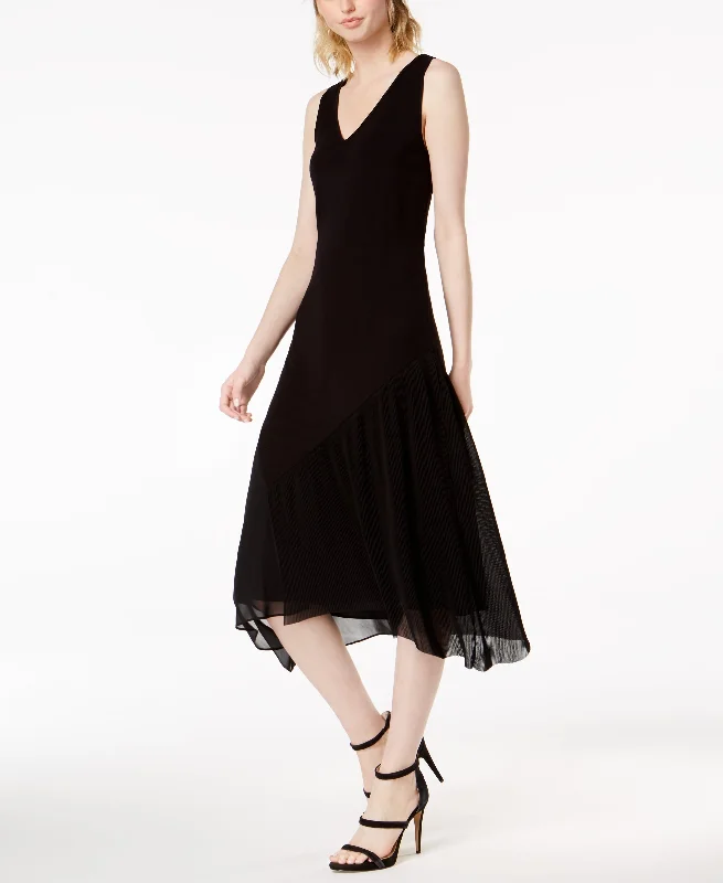 Bar III Sleeveless Pleated Contrast Midi Dress Comfortable Fit-and-Flare Midi Dress