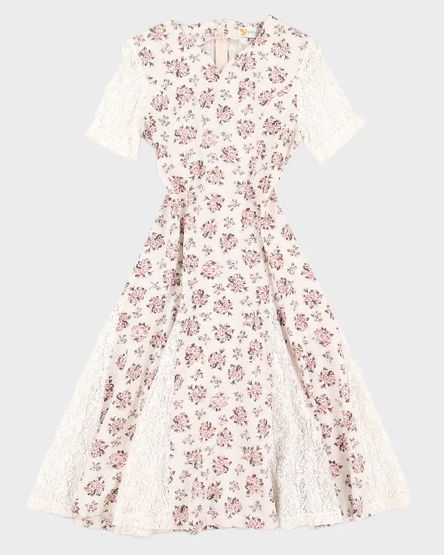 Beige With Pink Floral Pattern Midi Dress - S Fashionable One-Shoulder Midi Dress