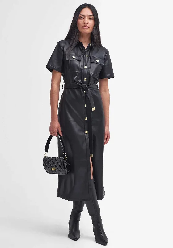 Barbour International Aria Leather Midi Dress, Black Stylish Halter Neck Midi Dress