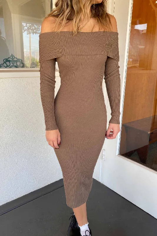 Fold Over OTS Midi Dress Trendy Mock Neck Midi Dress