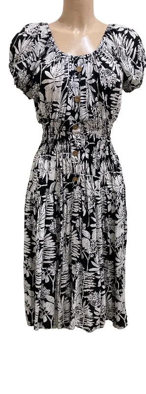 Black And White Tropical Leaf Print Midi Dress Trendy Ruffled Sleeve Midi Dress