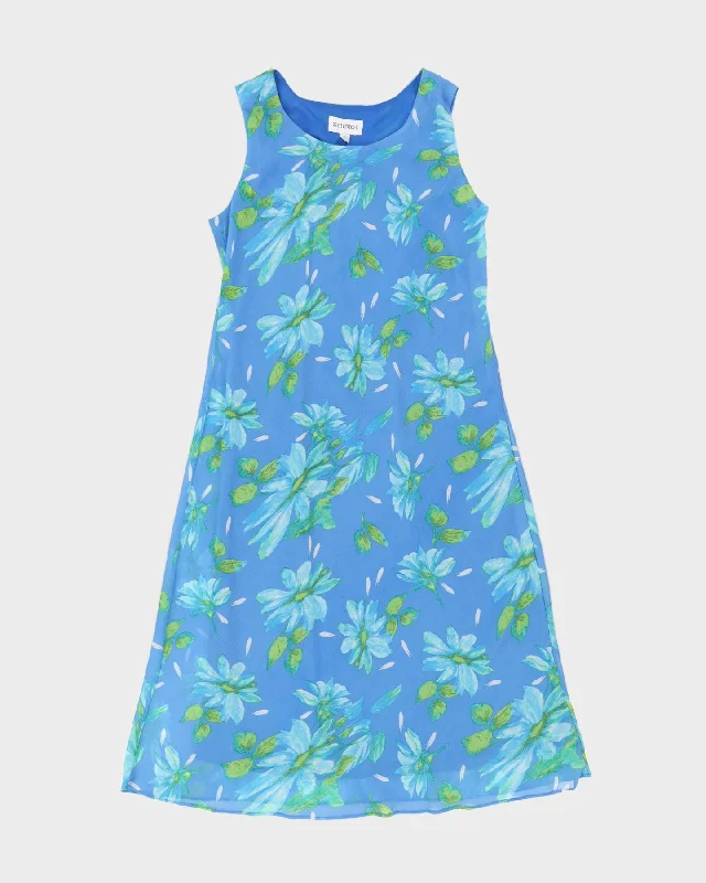 Blue Floral Midi Dress - L Comfortable Draped Midi Dress