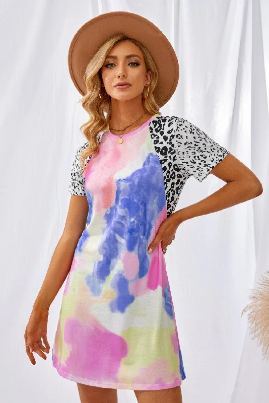 Blue Zone Planet |  Tie-Dye Leopard Short Raglan Sleeve T-Shirt Dress V-Neck T-Shirt Long Sleeve Cotton