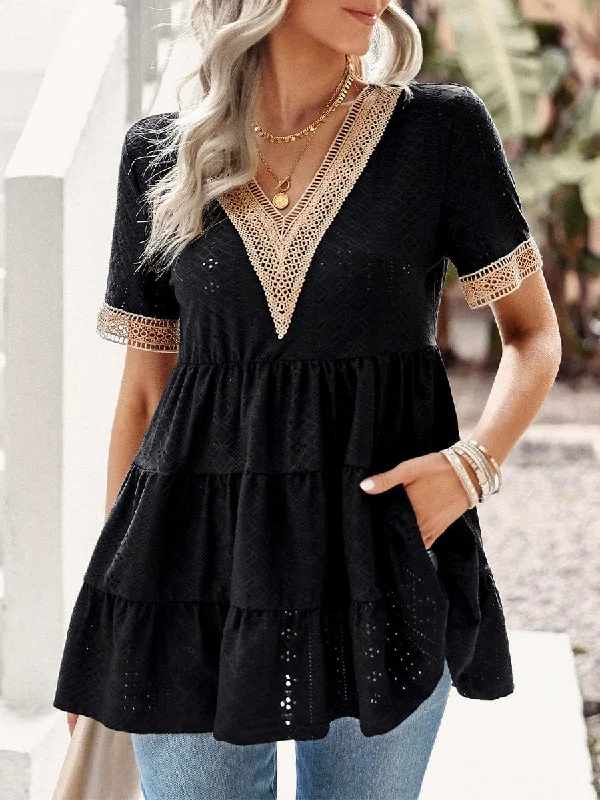 Boho V-Neck Eyelet Smocked Mini Dress Classic Solid Mini Dress