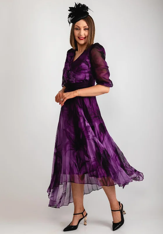 Cassandra Chiffon Pleated Midi Dress, Purple Elegant Lace Trim Midi Dress