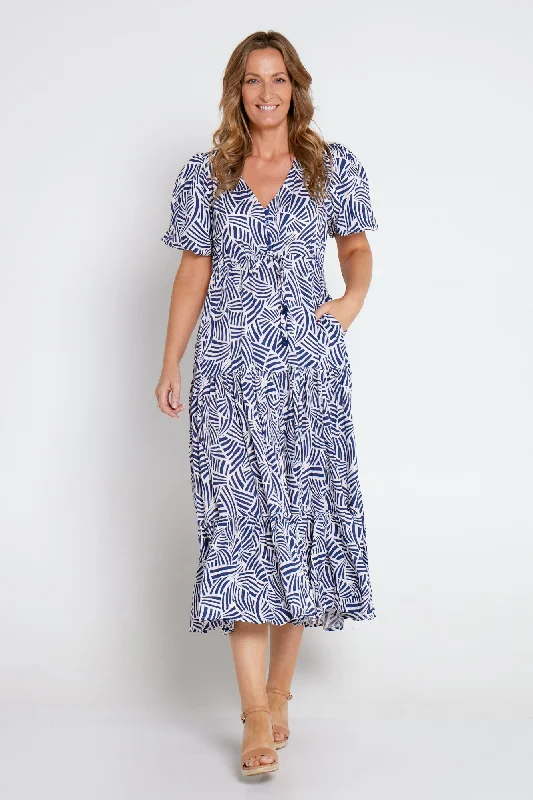 Ellie Midi Dress - Blue Print Trendy Tiered Hem Midi Dress