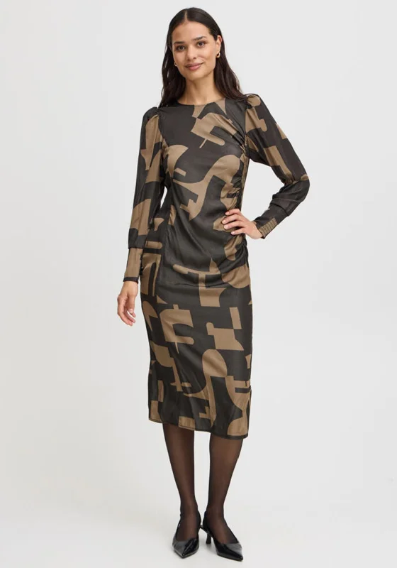 Fransa Natali Abstract Ruched Midi Dress, Black Stylish Animal Print Midi Dress