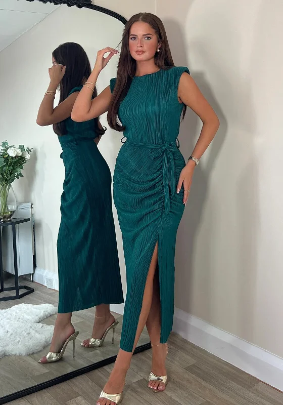 Girl in Mind Elena Plisse Midi Dress, Green Cozy Spaghetti Strap Midi Dress