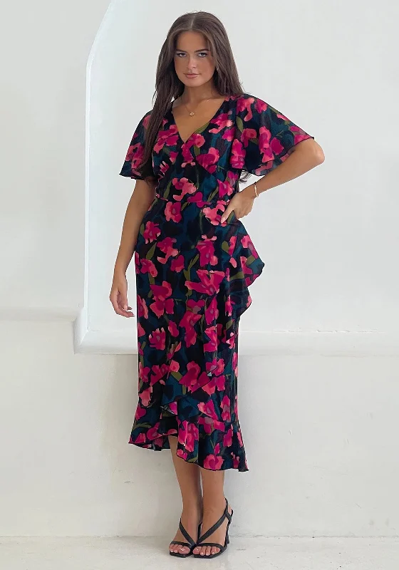 Girl In Mind Yara Floral Frill Midi Dress, Multi Stylish Long Sleeve Floral Midi Dress