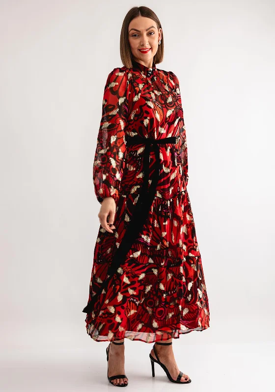 Hope and Ivy Jagger Feather Print Midi Dress, Red Cozy A-Line Midi Dress