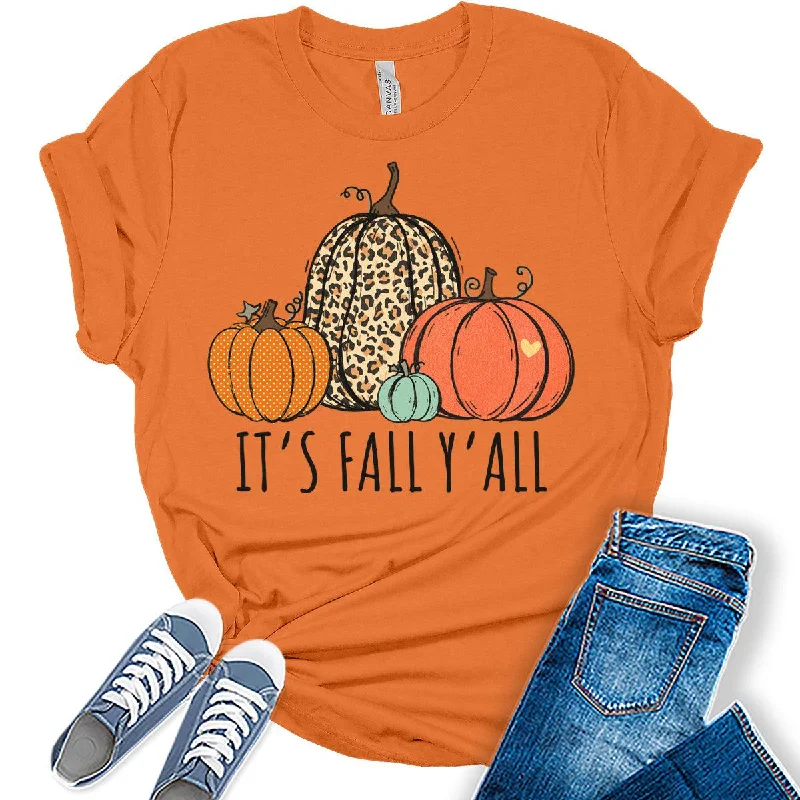 It's Fall Y'all Pumpkin T-Shirt Womens Graphic Tees Fall Halloween Shirts Girls Thanksgiving Tops Real Fur Shearling Chenille