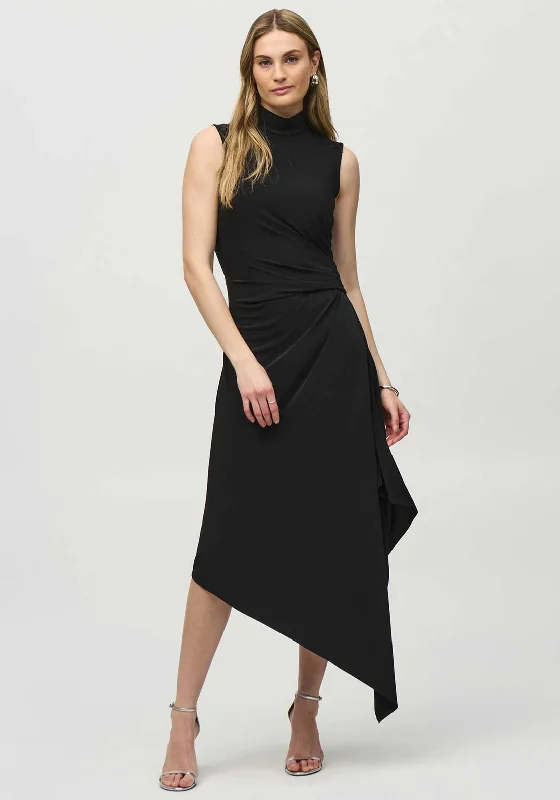 Joseph Ribkoff Ruched Asymmetrical Midi Dress, Black Comfortable Fit-and-Flare Midi Dress