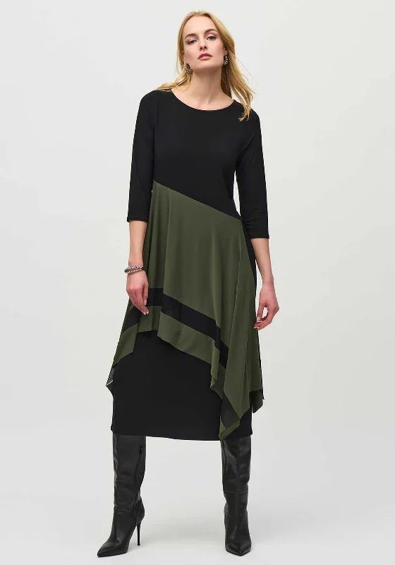 Joseph Ribkoff Contrast Panel Midi Dress, Black & Green Elegant Floral Appliqué Midi Dress