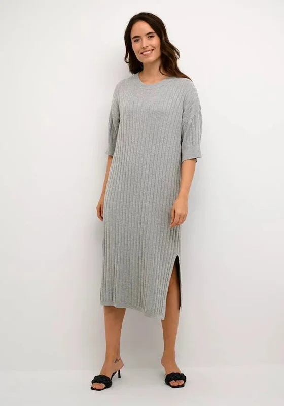 Kaffe Lola Ribbed Midi Dress, Grey Trendy Off-Shoulder Button Midi Dress