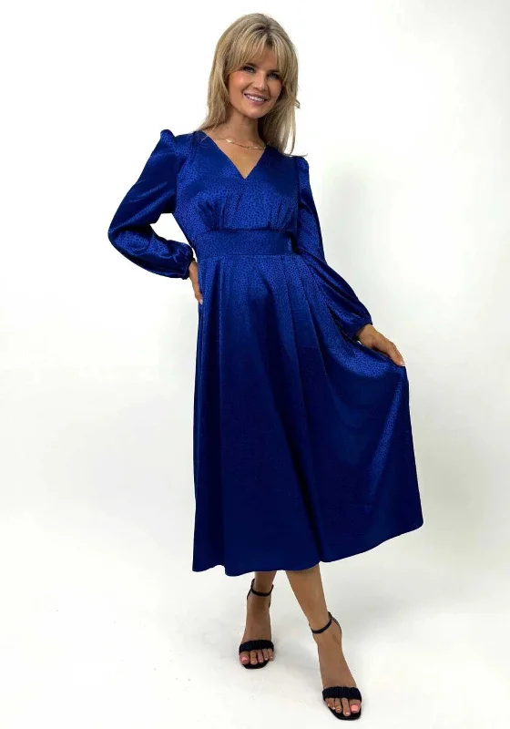 Kate and Pippa Audrey Satin Midi Dress, Royal Blue Elegant Satin Midi Dress