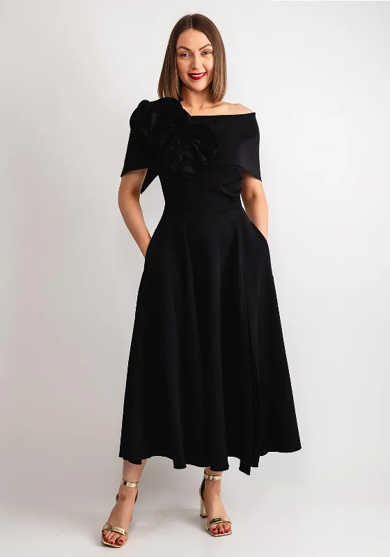 Kevan Jon Kyoto Bardot Corsage Flare Midi Dress, Black Chic Lace Detail Midi Dress