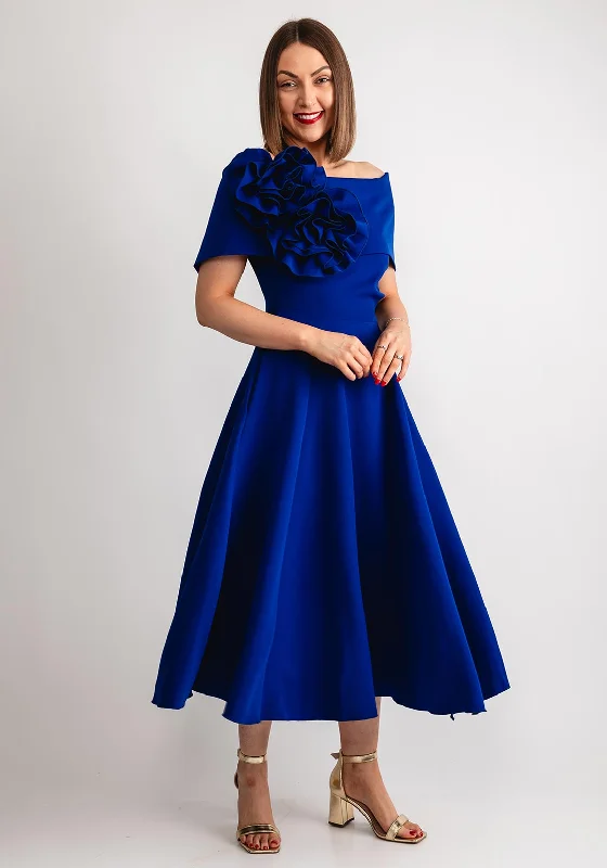 Kevan Jon Kyoto Bardot Corsage Flare Midi Dress, Cobalt Blue Cozy A-Line Midi Dress