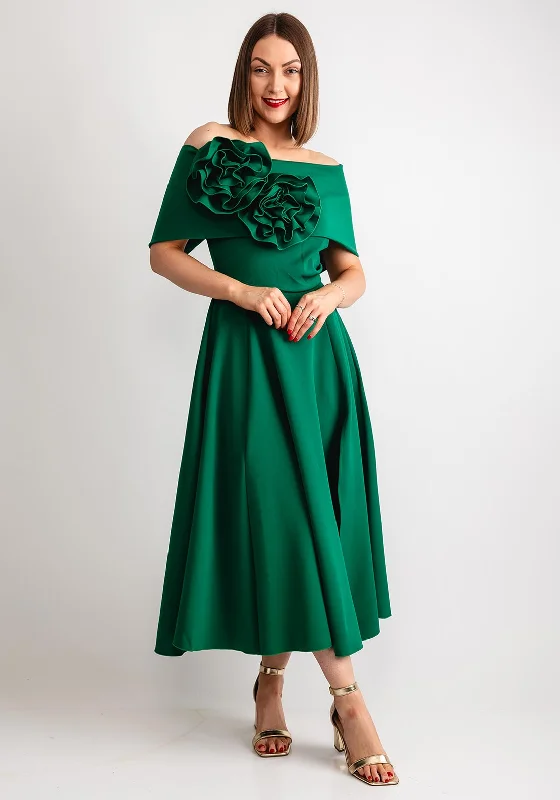 Kevan Jon Kyoto Bardot Corsage Flare Midi Dress, Kelly Green Comfortable Denim Midi Dress