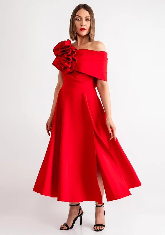 Kevan Jon Kyoto Bardot Corsage Flare Midi Dress, Red Cozy Midi Dress with Pockets