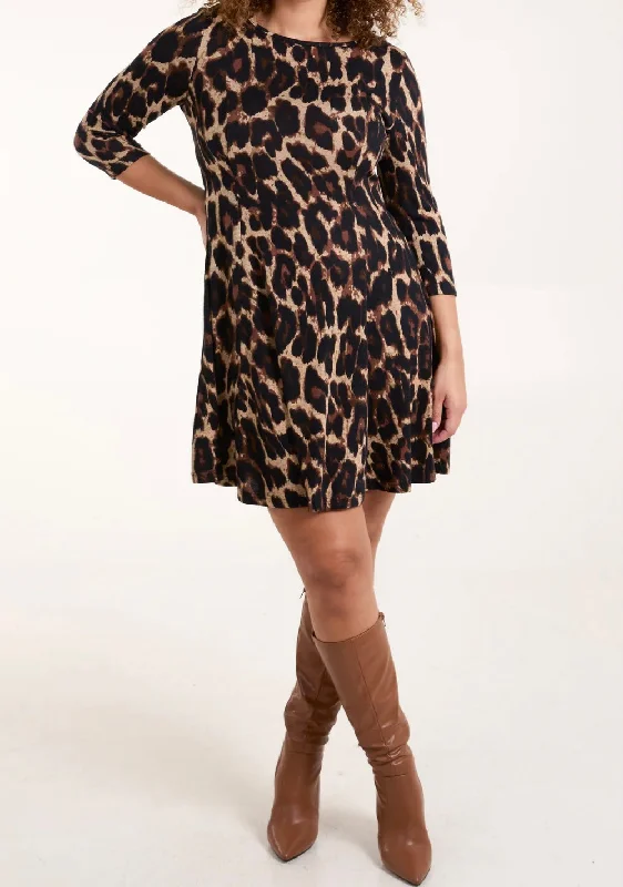 Leopard Print Fine Knit Stretchy Fit And Flare Style Midi Dress Cozy Wide Strap Midi Dress